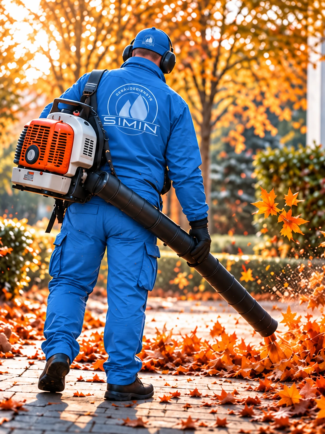 Herbstliche Laubbeseitigung auf einem gepflegten Grundstück